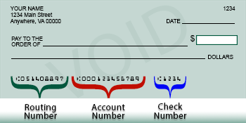 Sample check image indicating what the numbers are on the bottom of the check. First nine numbers are the routing number, second group of 12 numbers is the account number and the last group of 4 numbers is the check number.