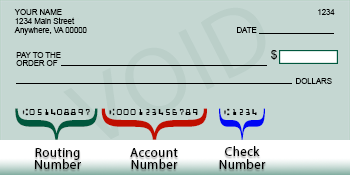 "The first set of numbers on the bottom of a check is the routing. The next set is the account number. The last set is the check number"